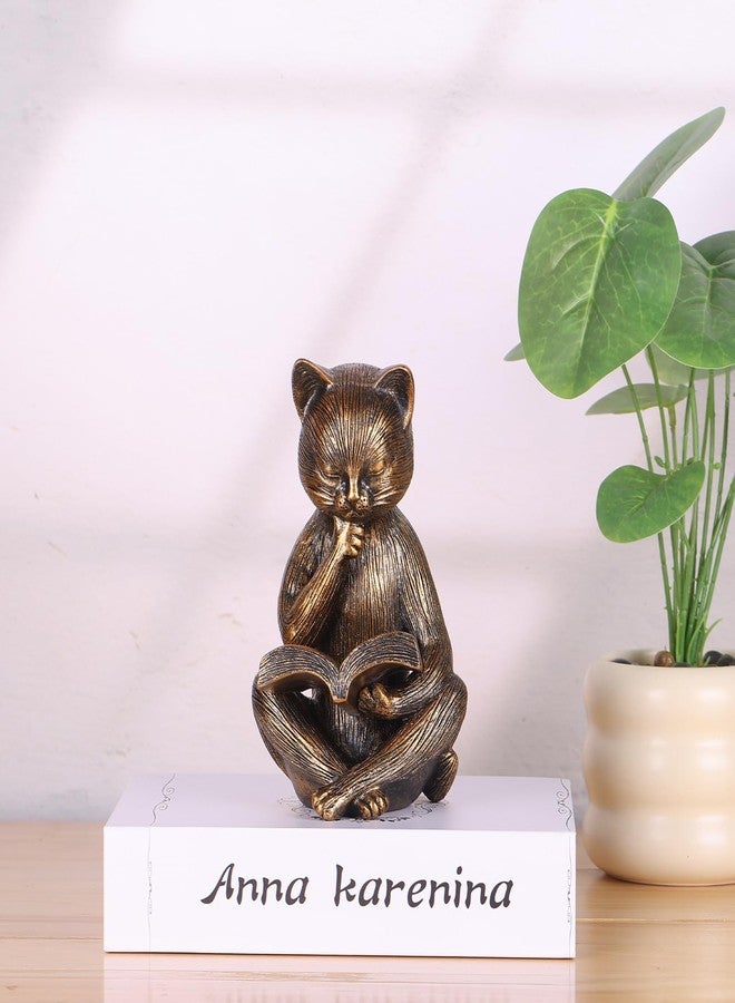 SHENGTIAN 6.38in Thinker Cat Reading Statue - Vintage Library & Shelf Decor, Hand-Painted Antique Brass Resin Sculpture for Cat Lovers - Retro Desk Ornament & Home Decor Figurine - Image 2